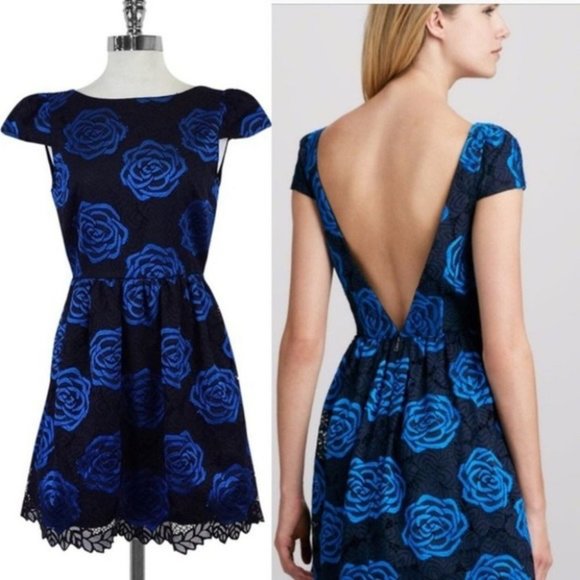Alice + Olivia NWT Black Blue Nelly rose print mini dress open back size 0 - Picture 4 of 16